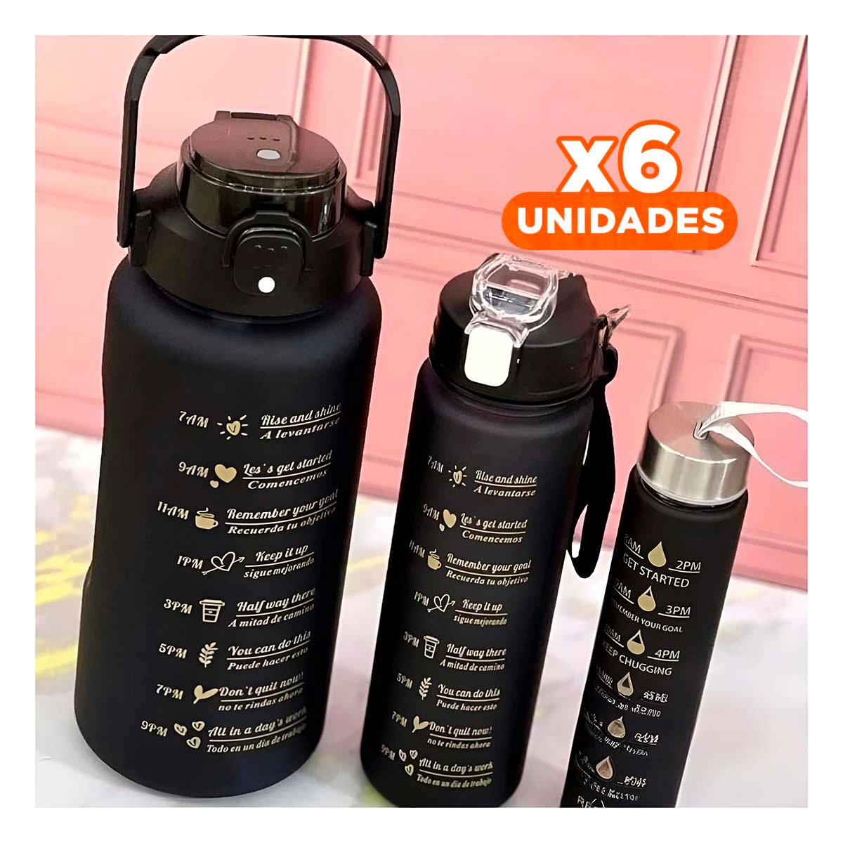 PACK6 BOTELLAS DE HIDRATACION EN NEGRO CON TAPA Y CAPACIDADES 2 L 1 L Y 300 ML Y+REGALO STICKER - 1