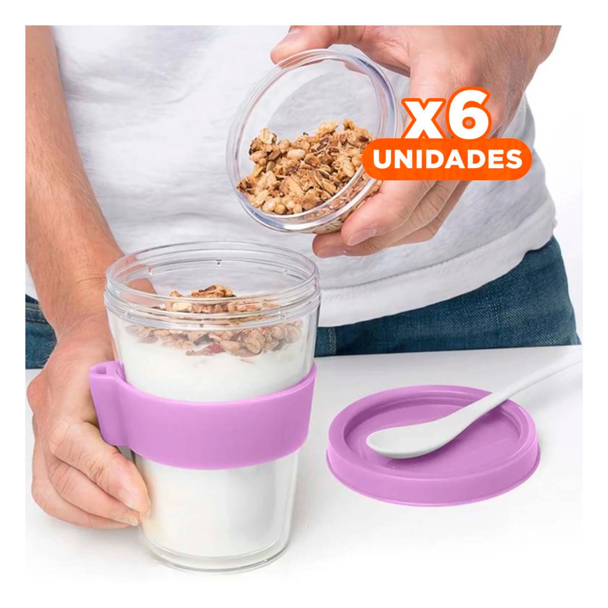 PACK6 RECIPIENTE 350 ML CON CUCHARA ROSADO PARA USO DIARIO EN OFICINA Y+PAPEL REGALO - 1