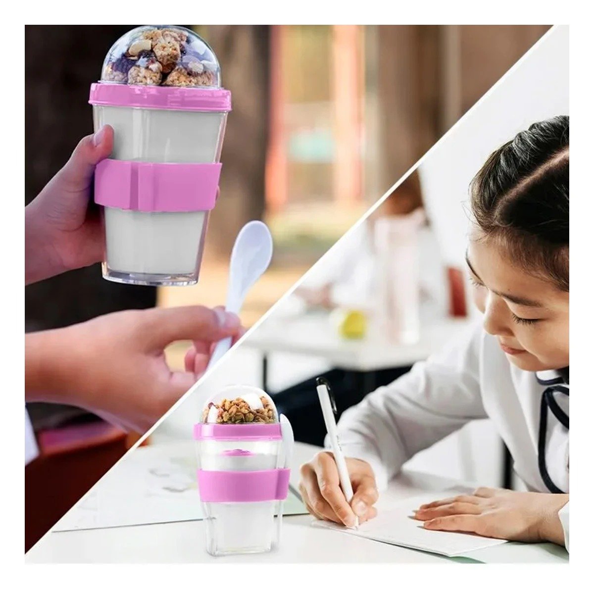 PACK6 RECIPIENTE 350 ML CON CUCHARA ROSADO PARA USO DIARIO EN OFICINA Y+PAPEL REGALO - 5
