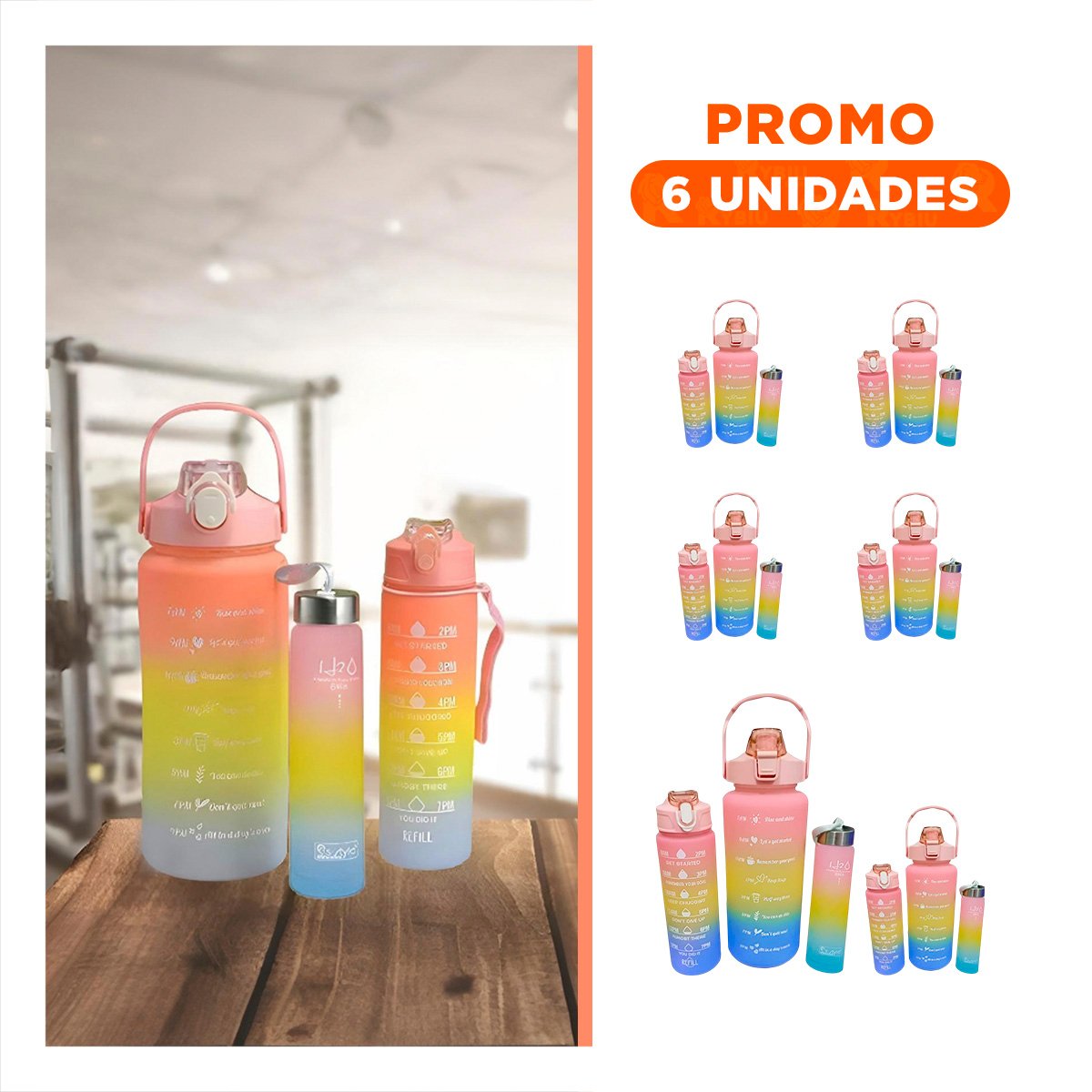 PACK6 BOTELLAS DE HIDRATACION EN ROSADO CON TAPA Y CAPACIDADES 2 L 1 L Y 300ML Y+REGALO STICKER - 1