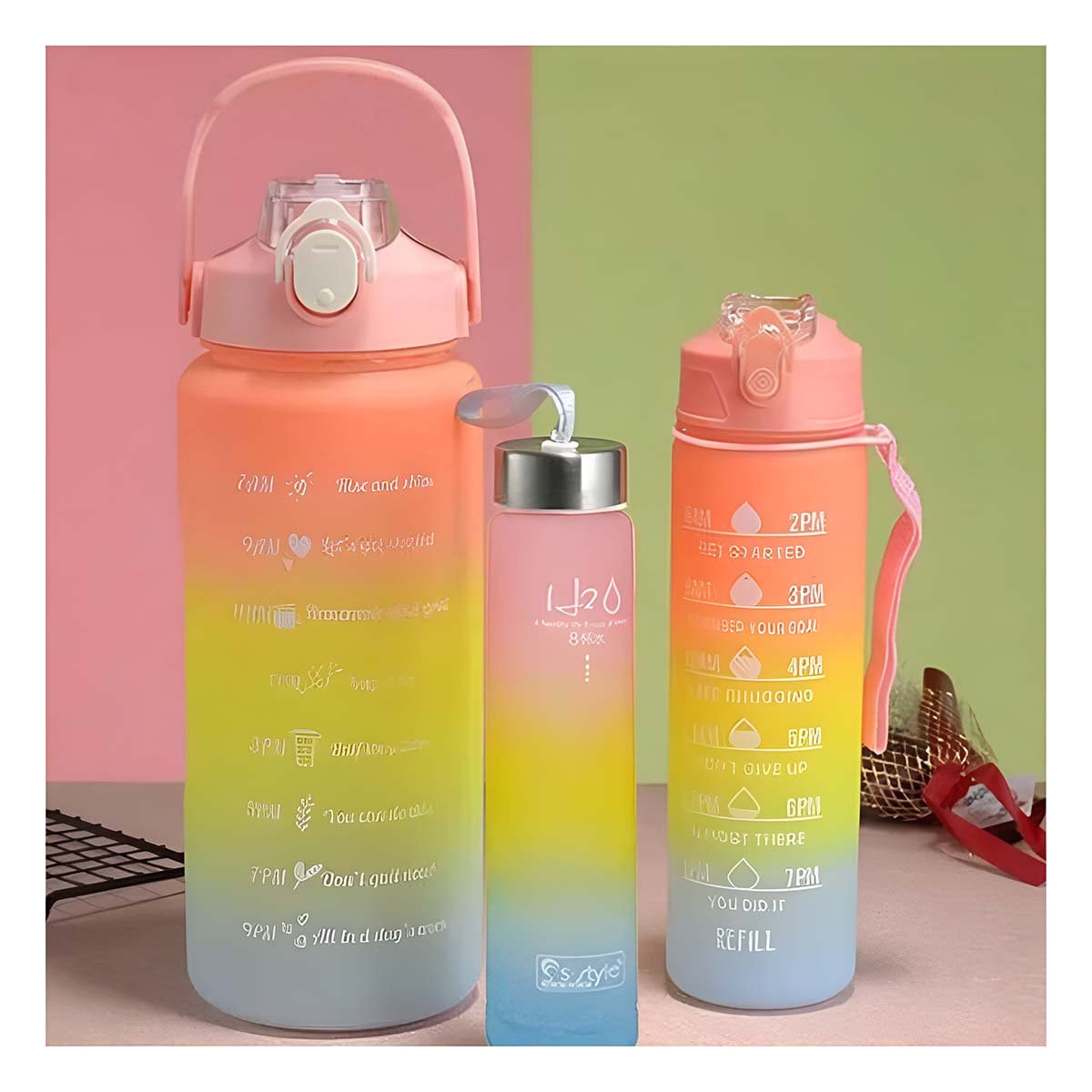 PACK6 BOTELLAS DE HIDRATACION EN ROSADO CON TAPA Y CAPACIDADES 2 L 1 L Y 300ML Y+REGALO STICKER - 3