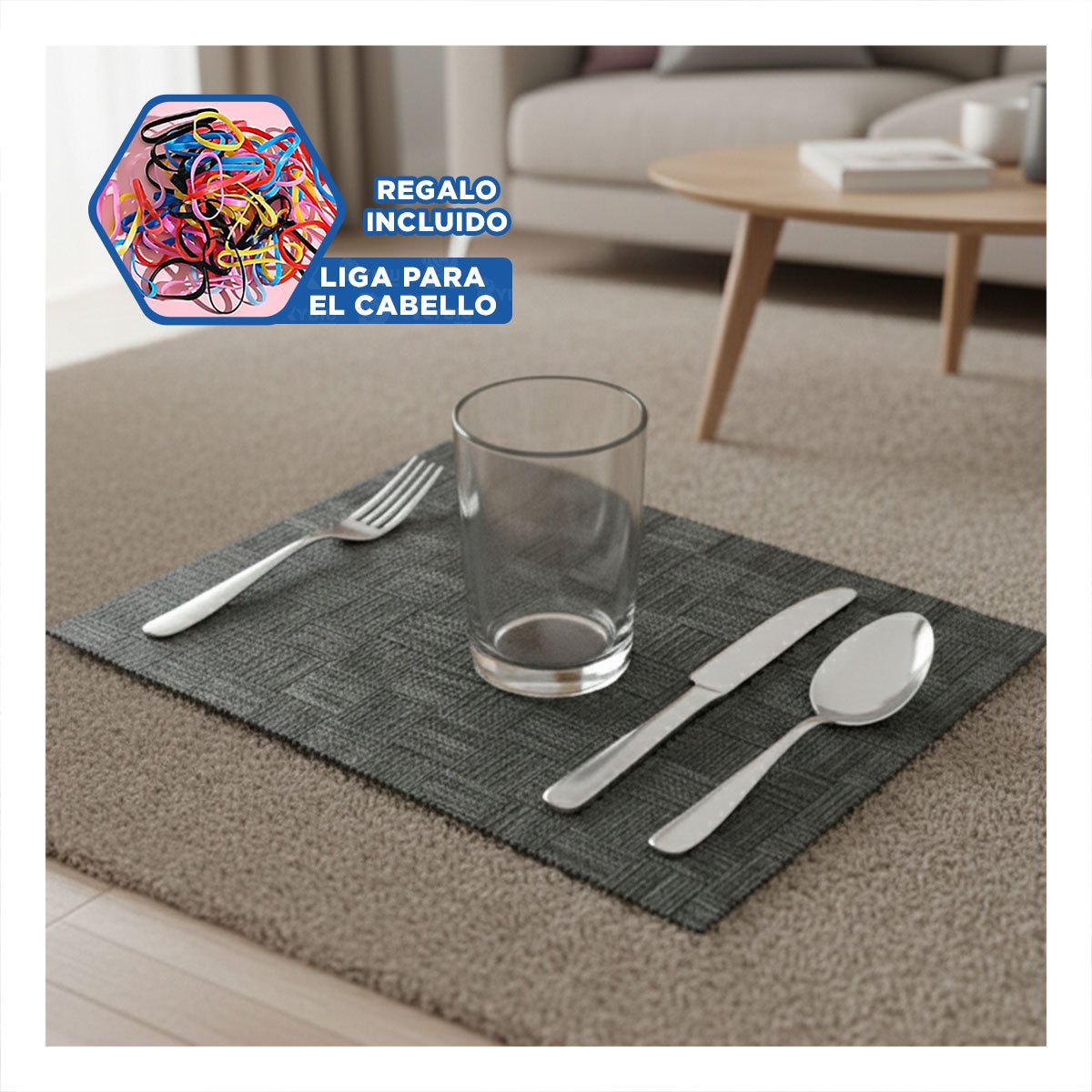 PACK 6 INDIVIDUALES JASPEADO A CUADROS NEGRO 30X45CM PARA COMEDOR DIARIO Y+LIGAS REGALO - 2