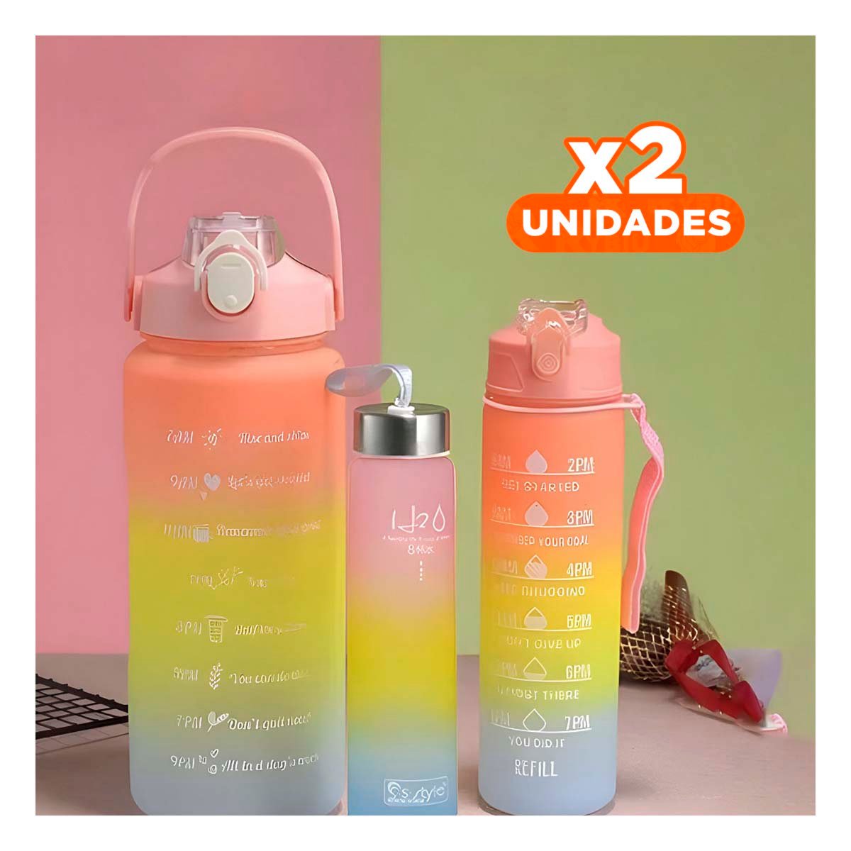 PACK2 KIT DE 3 TOMATODOS ROSADO CON TAPA DE PLASTICO Y FORMATO 2 L 1 L Y 300 ML Y+PAPEL REGALO - 1