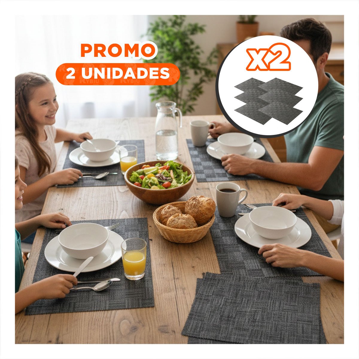 PACK2 SET 6 INDIVIDUAL JASPEADO A CUADROS NEGRO 30X45CM PARA MESA Y COMEDOR - 1