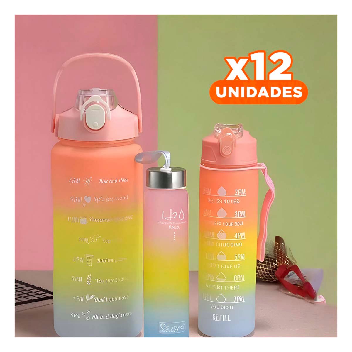 PACK12 BOTELLAS DE HIDRATACION ROSADO CON FORMATO 2 L 1 L Y 300 ML Y TAPA SEGURA Y+PAPEL REGALO - 1