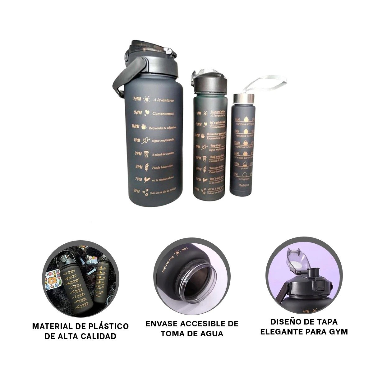 TOMATODOS EN SET DE 3 CON TAPA DE PLASTICO NEGRO Y VOLUMEN 2 L 1 L Y 300 ML Y+POST IT - 5
