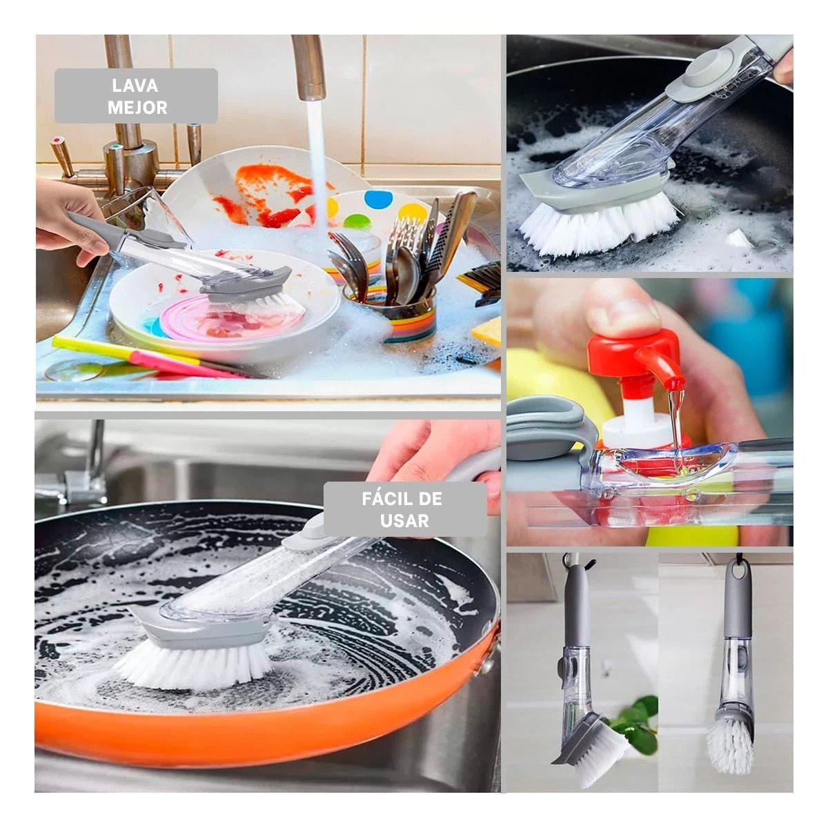 CEPILLO DE COCINA EN COLOR PLOMO CON SISTEMA DISPENSADOR DE JABON LIQUIDO Y+LIGAS REGALO - 1