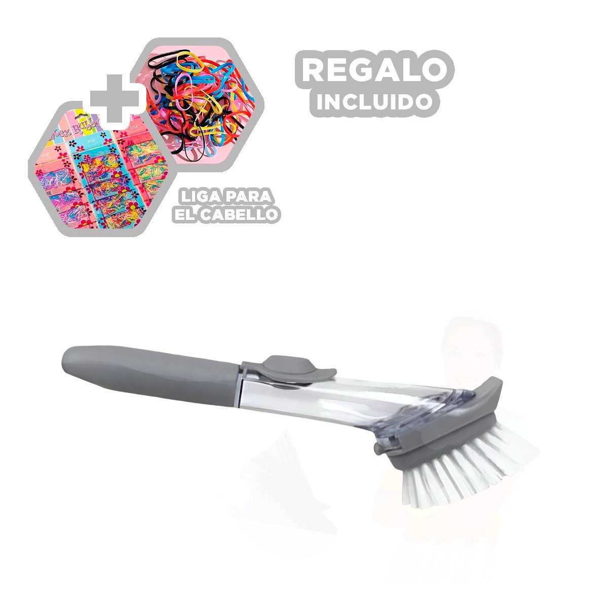 CEPILLO DE COCINA EN COLOR PLOMO CON SISTEMA DISPENSADOR DE JABON LIQUIDO Y+LIGAS REGALO - 2