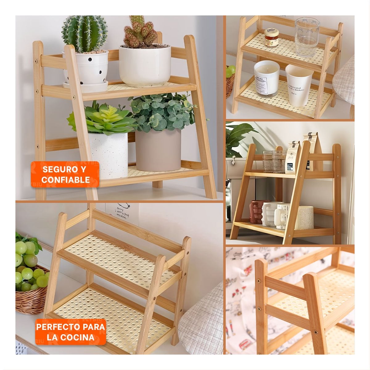 PACK2 REPISA BAMBU 2 NIVELES BEIGE ORGANIZADOR DE COCINA PRACTICO Y+PAPEL REGALO - 3