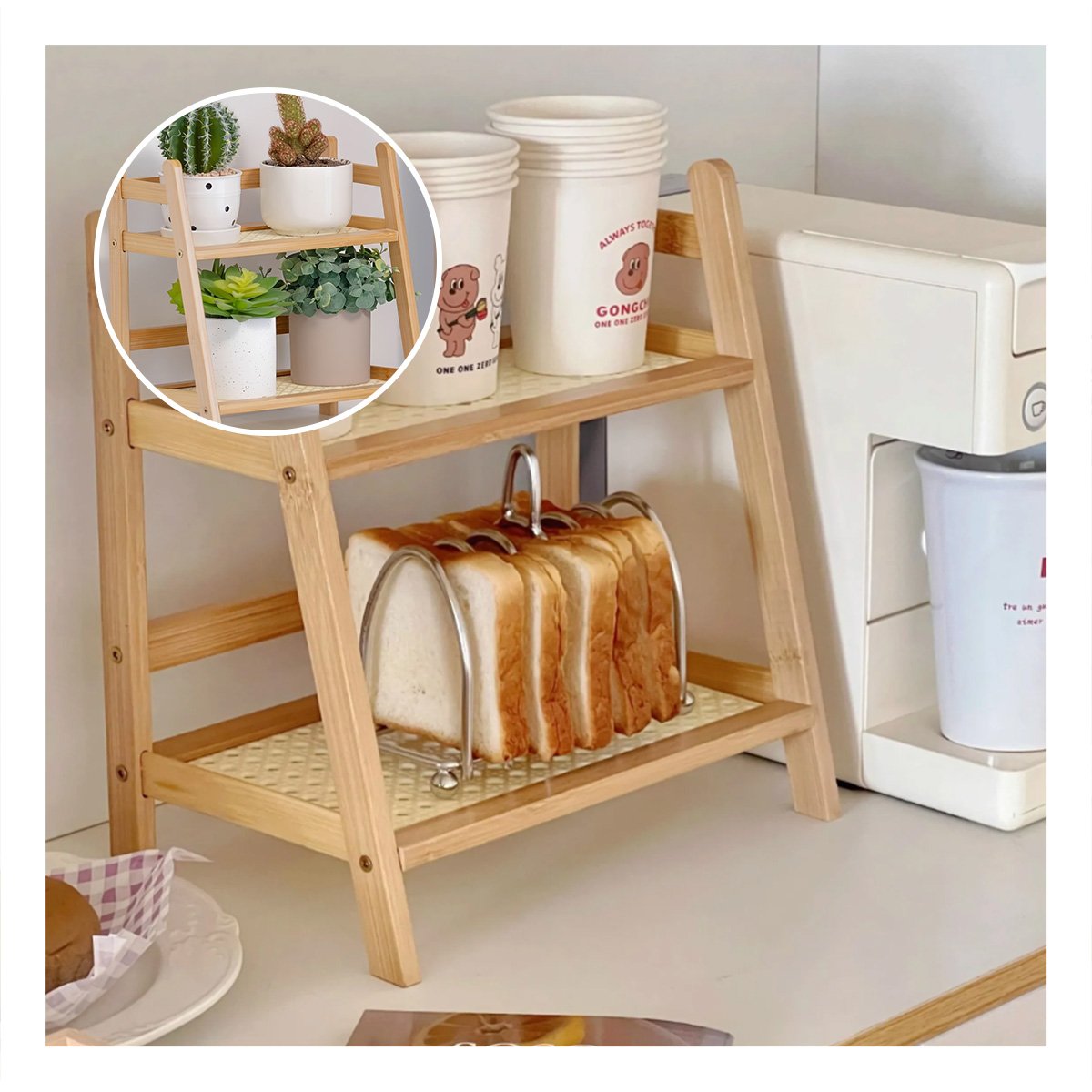 REPISA 2 NIVELES DE BAMBU BEIGE ORGANIZADOR DE COCINA Y ALMACEN Y+PAPEL REGALO - 2