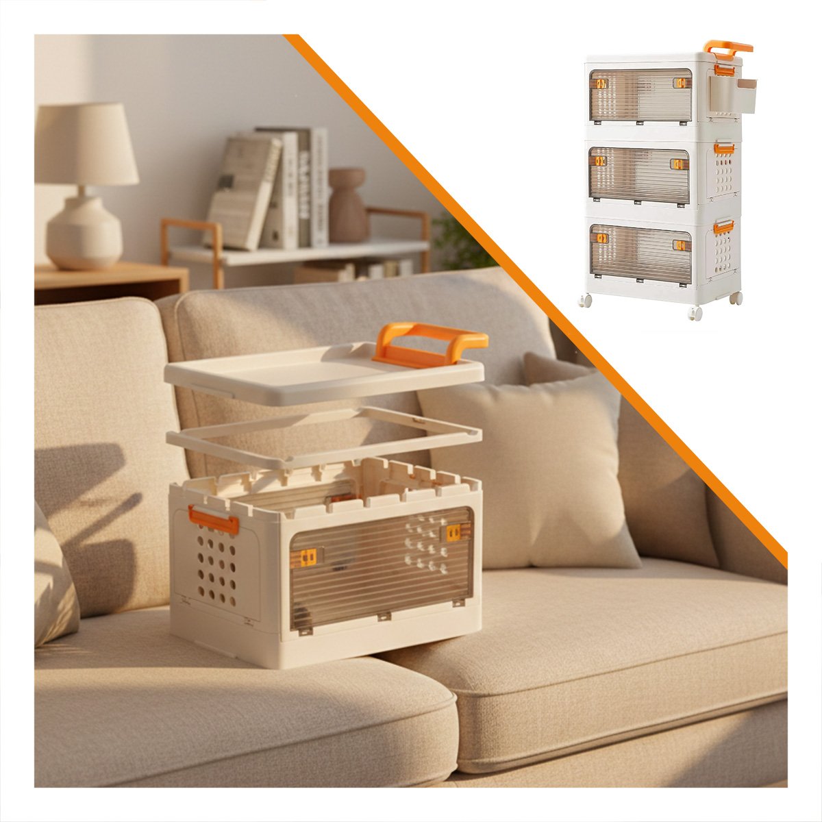 ESTANTE CERRADO CON CAJONES 3 NIVELES BEIGE CON ASA NARANJA PARA ORGANIZACION Y+POST IT - 5
