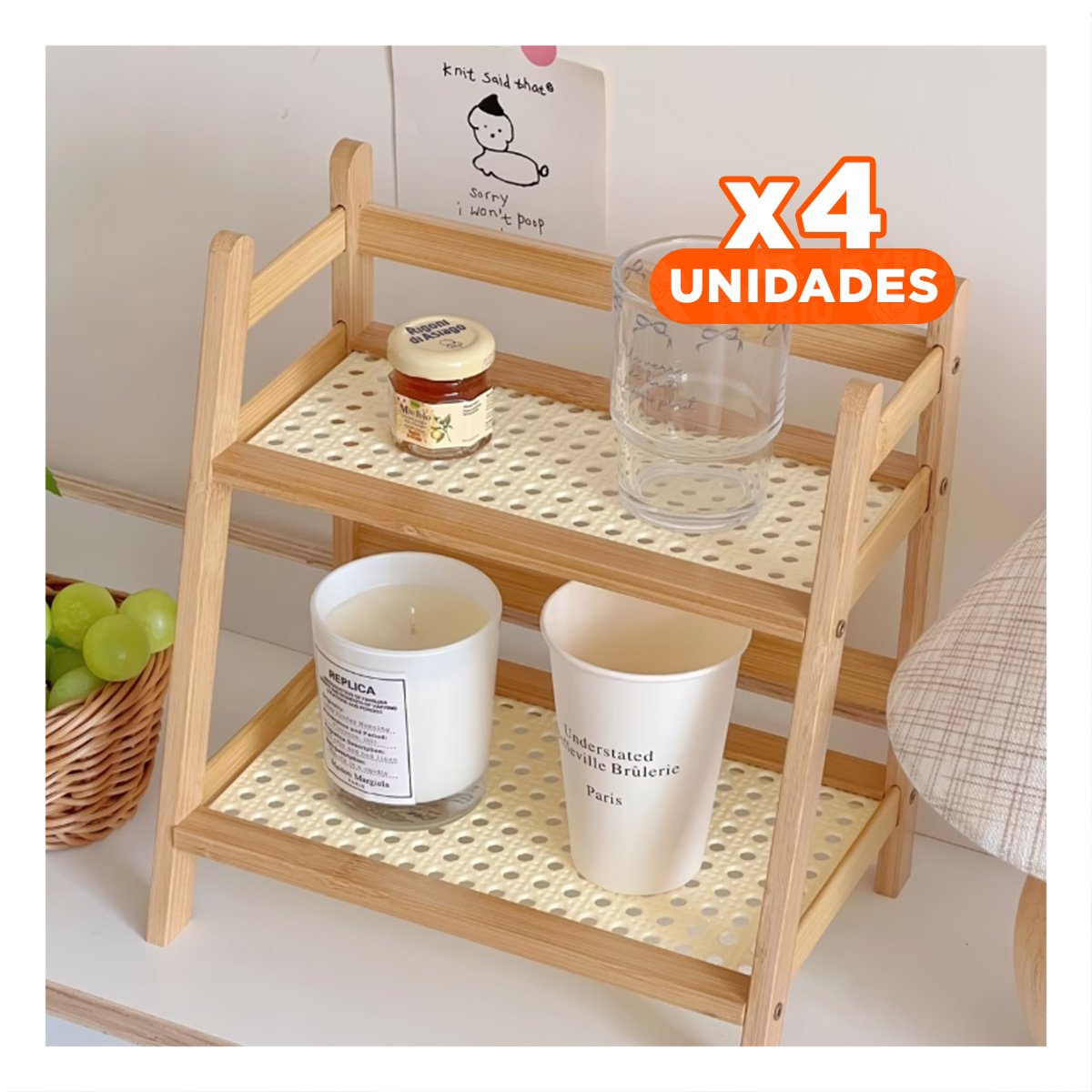 PACK4 SOPORTE BAMBU 2 NIVELES BEIGE REPISA PARA COCINA Y ALMACEN Y+PAPEL REGALO - 1