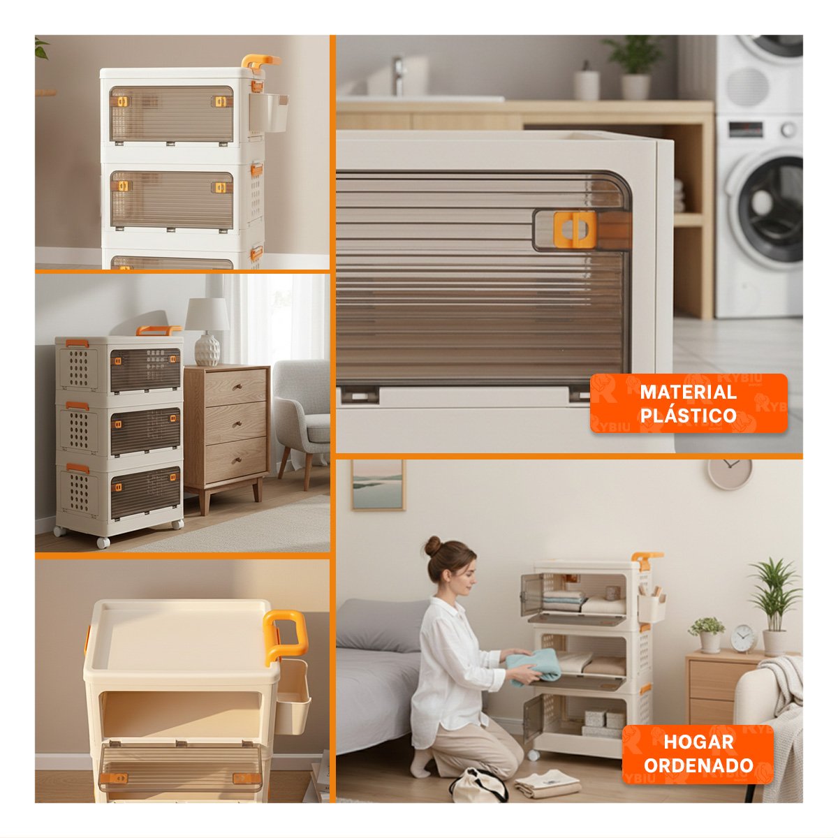 PACK4 CARRITO CERRADO 3 NIVELES CON CAJONES BEIGE ASA NARANJA PARA COCINA Y+REGALO STICKER - 2