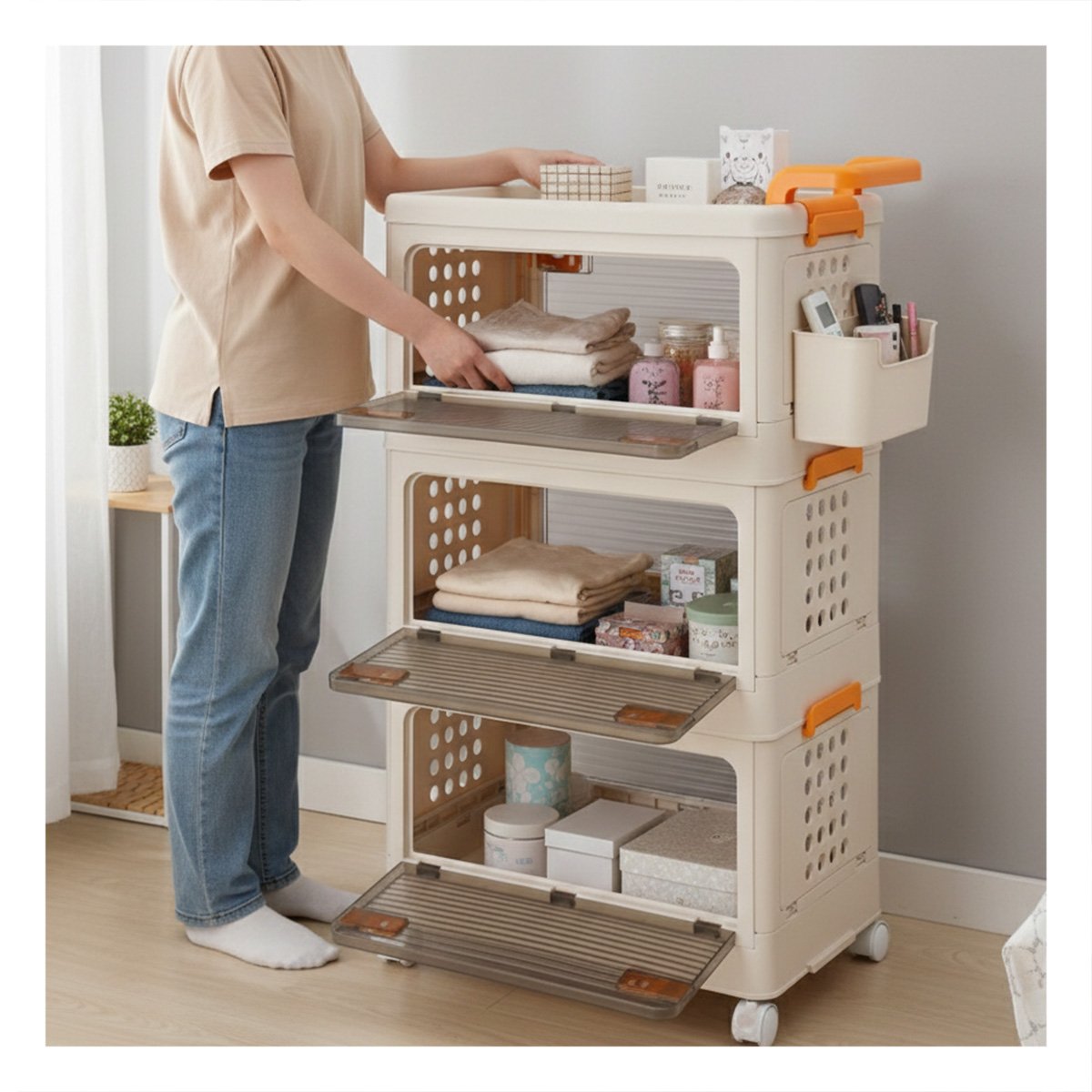 PACK4 CARRITO CERRADO 3 NIVELES CON CAJONES BEIGE ASA NARANJA PARA COCINA Y+REGALO STICKER - 3