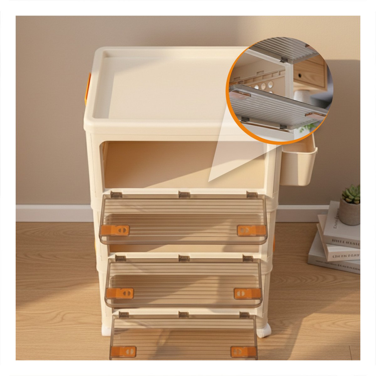 PACK4 CARRITO CERRADO 3 NIVELES CON CAJONES BEIGE ASA NARANJA PARA COCINA Y+REGALO STICKER - 5