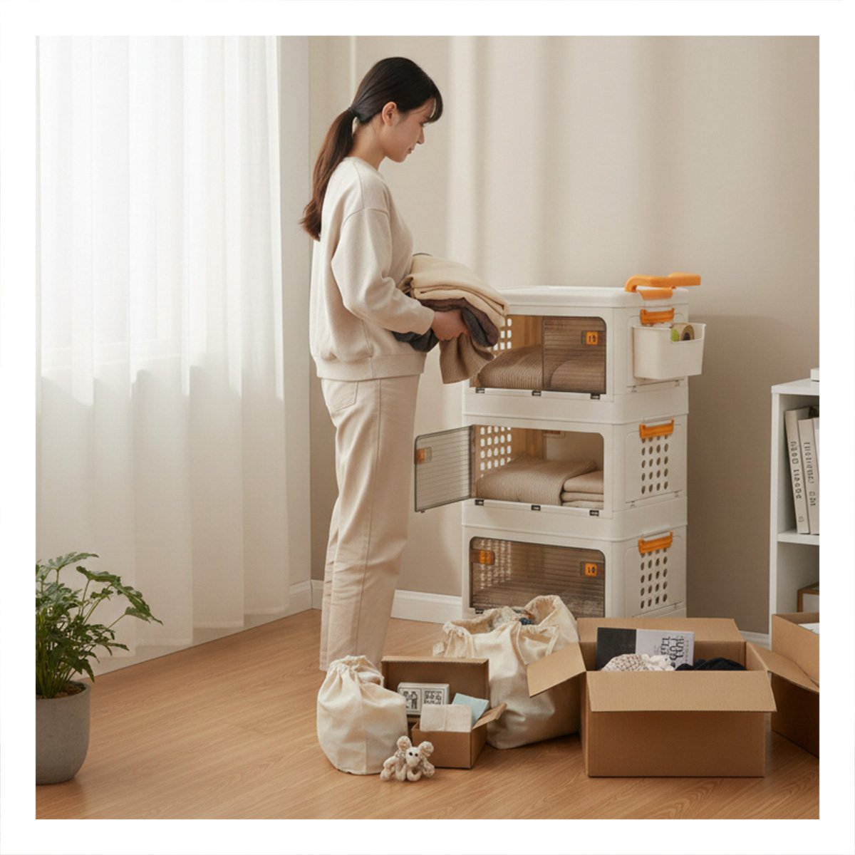 PACK4 ESTANTE CON CAJONES CERRADO 3 NIVELES BEIGE ASA NARANJA PARA HOGAR Y+PAPEL REGALO - 2