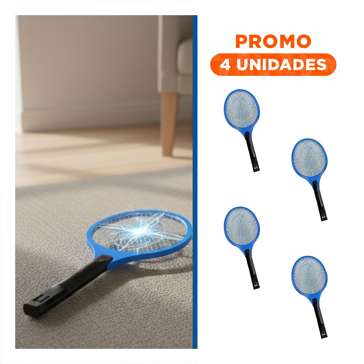 PACK4 RAQUETA ELECTRICA AZUL MANGO NEGRO PARA HOGAR Y ELIMINACION DE MOSQUITOS - 1