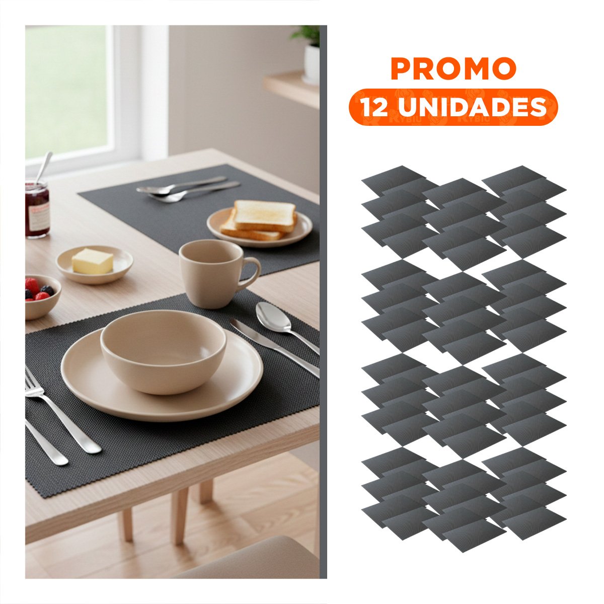 PACK12 COLECCION 6 INDIVIDUAL RECTANGULAR LISO 30X45CM PLOMO OSCURO PARA COCINA - 1
