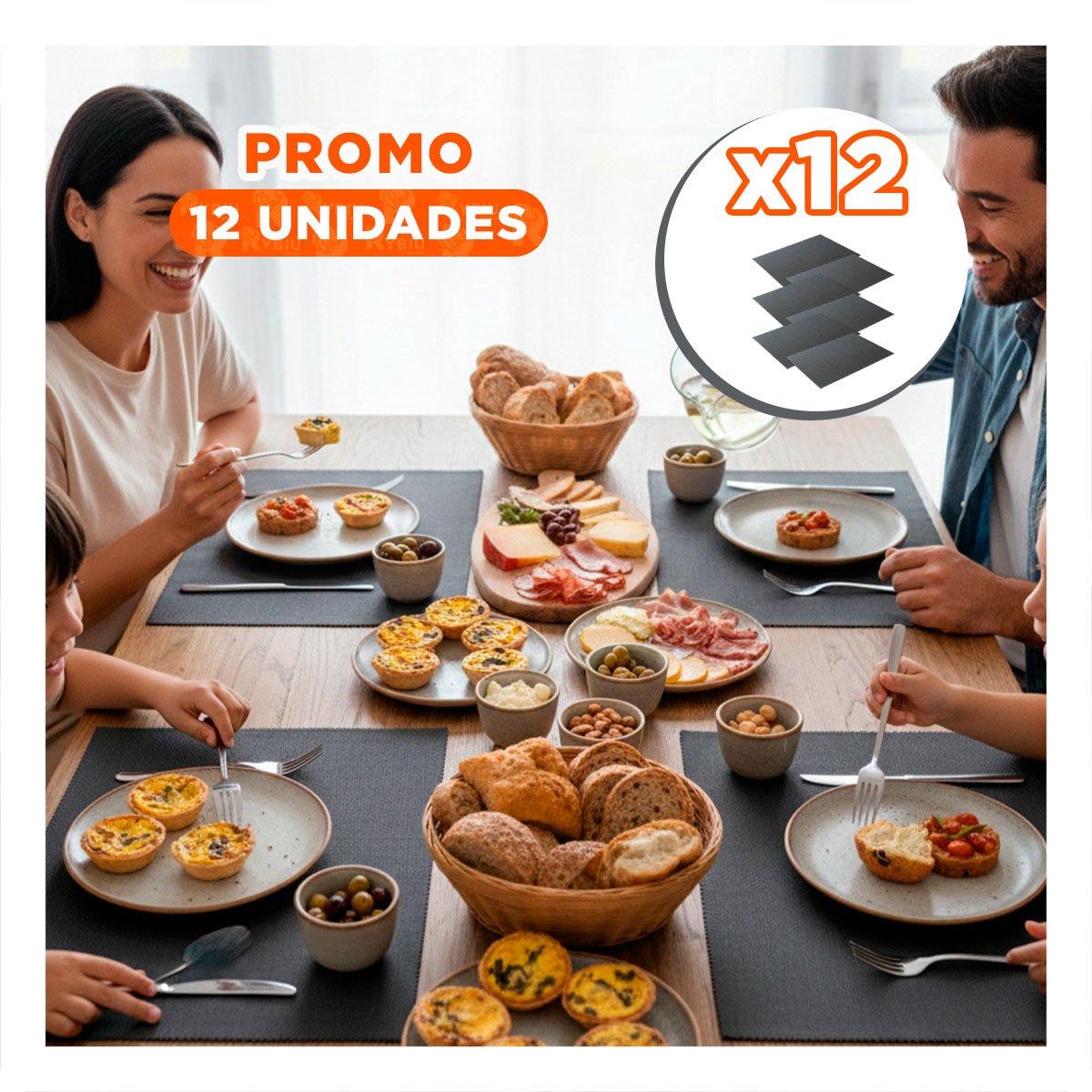 PACK12 JUEGO 6 INDIVIDUAL RECTANGULAR 30X45CM LISO PLOMO OSCURO PARA COCINA Y+REGALO STICKER - 1