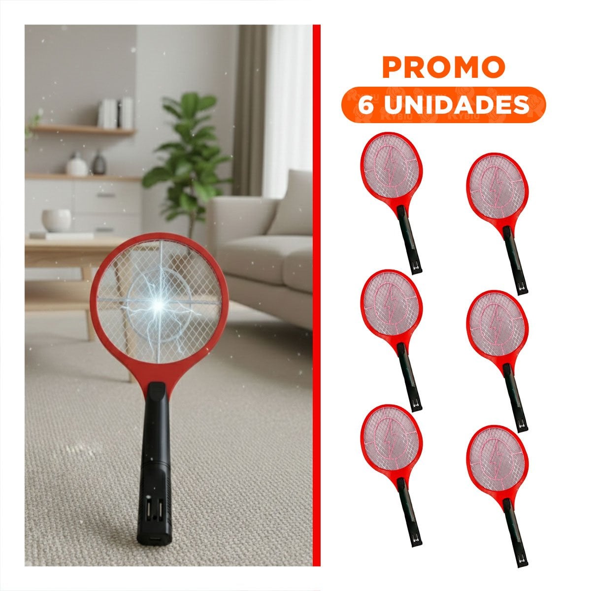 PACK6 RAQUETA ELECTRICA ROJO CON MANGO NEGRO PARA CASA Y USO EN INTERIORES Y+REGALO STICKER - 1