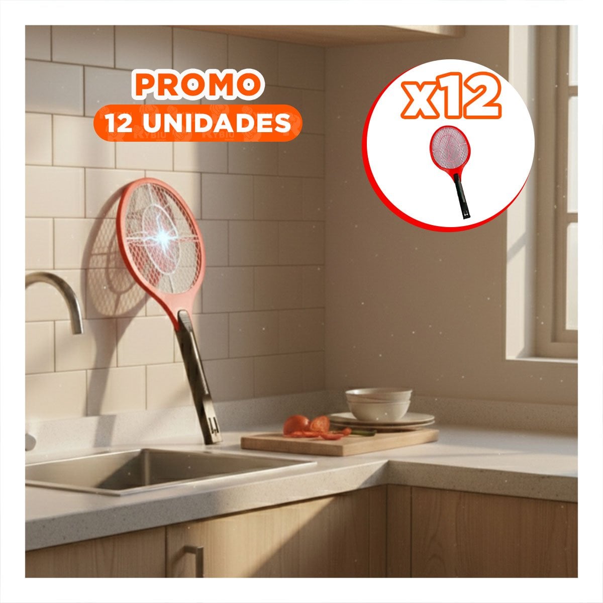 PACK12 RAQUETA MOSQUITERA ROJO MANGO NEGRO PARA CASA Y CONTROL DE INSECTOS Y+PAPEL REGALO - 1