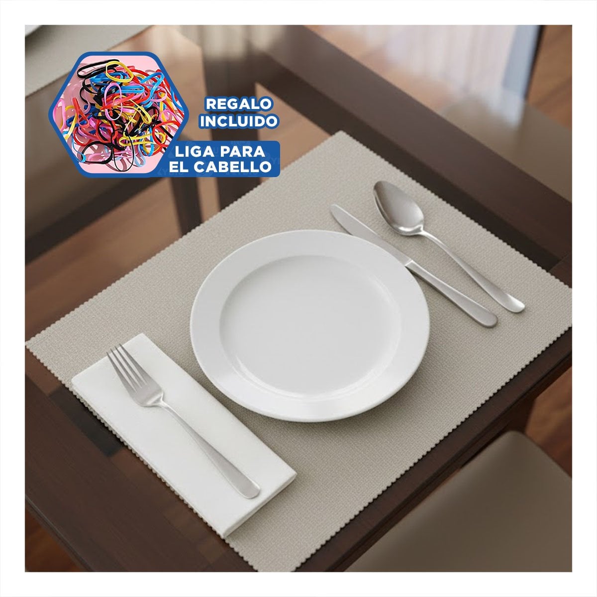 PACK 6 INDIVIDUALES RECTANGULARES LISO BEIGE 30X45CM PARA COMEDOR DIARIO Y+LIGAS REGALO - 2