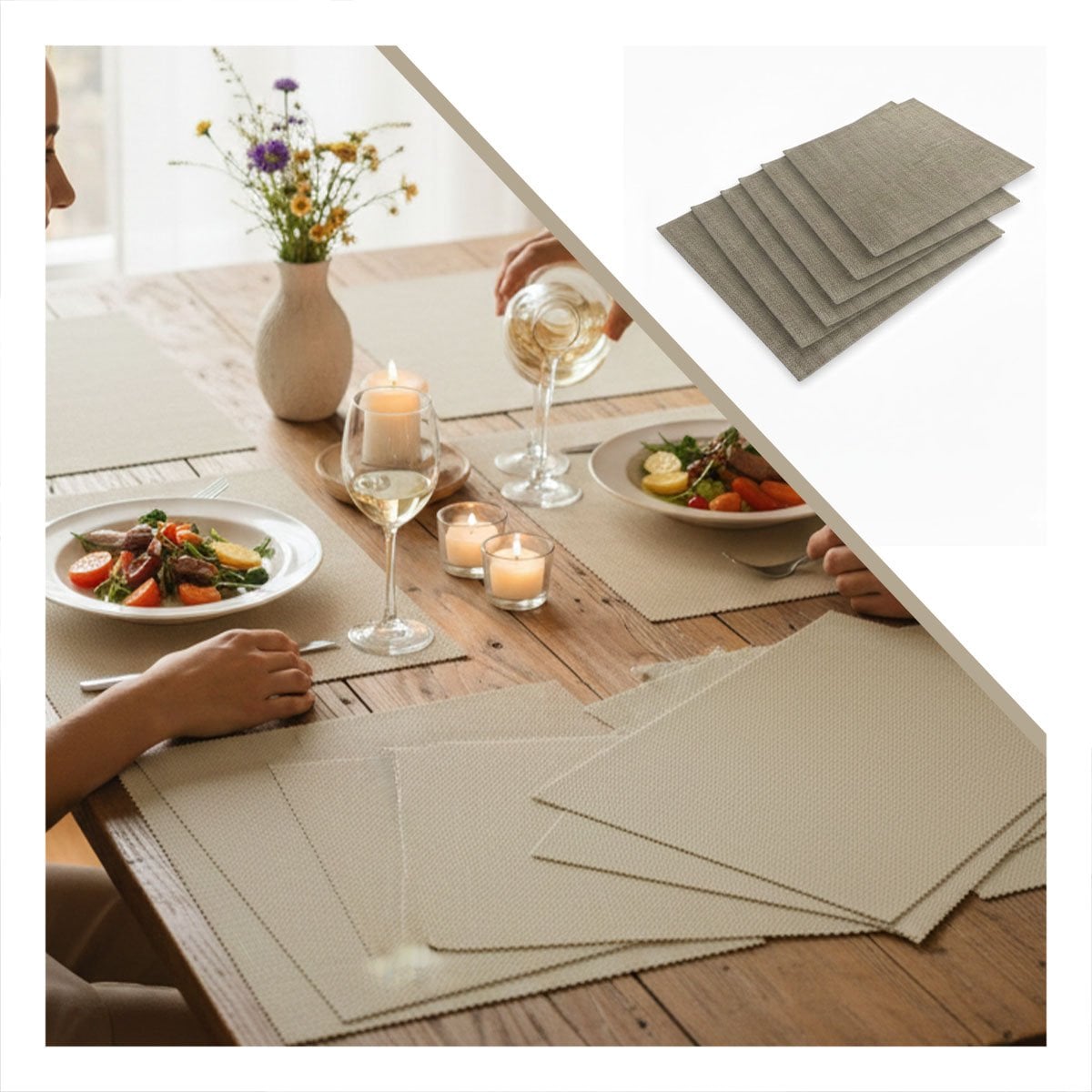 PACK 6 INDIVIDUALES RECTANGULARES LISO BEIGE 30X45CM PARA COMEDOR DIARIO Y+LIGAS REGALO - 5