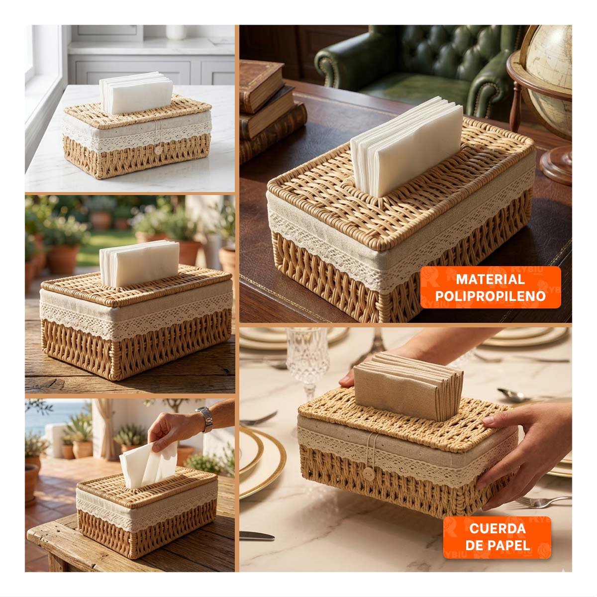 ORGANIZADOR SERVILLETAS CANASTA TEJIDA CON FORRO TELA BEIGE 20X14X9CM Y+POST IT - 2