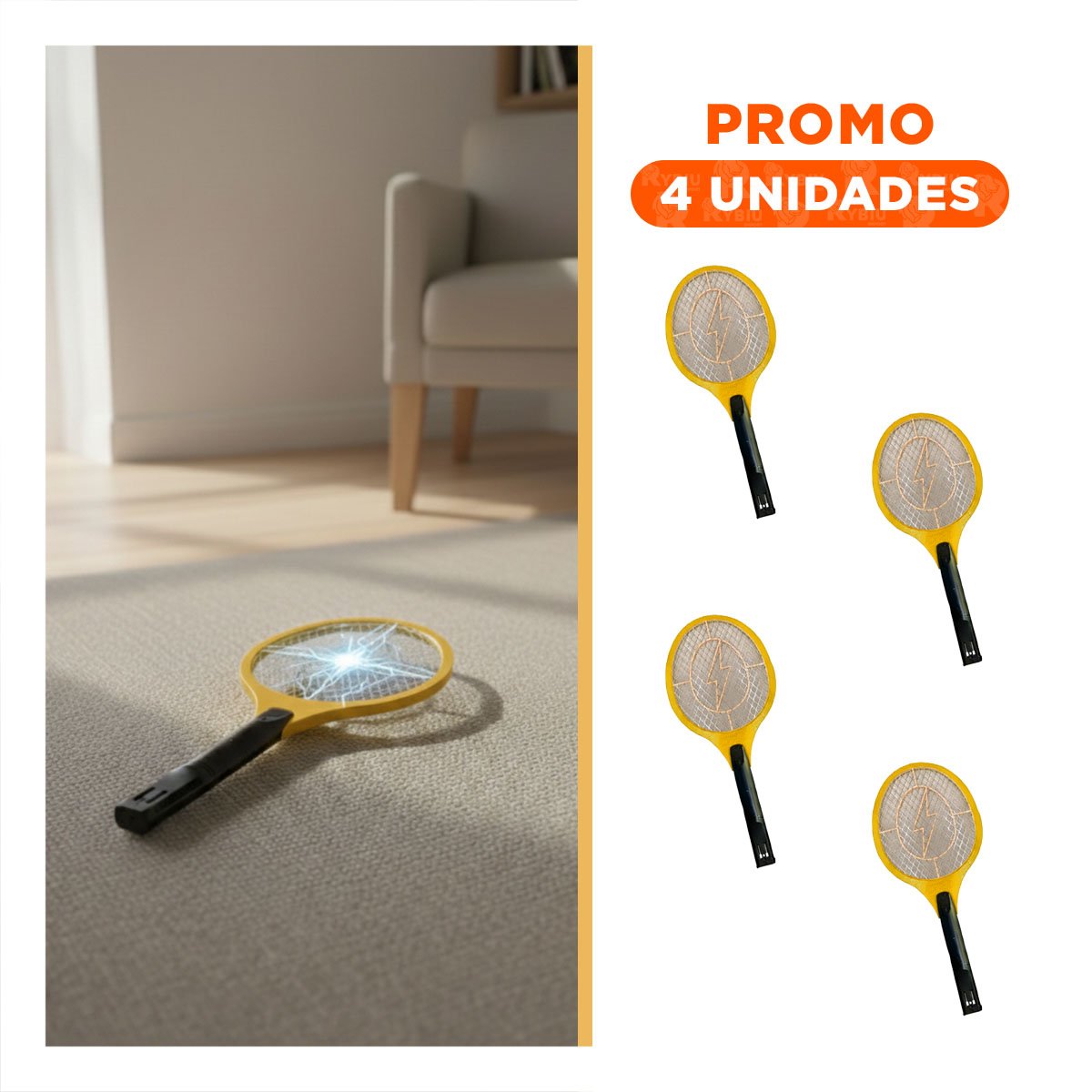 PACK4 RAQUETA ELECTRICA ANARANJADO CON MANGO NEGRO PARA HOGAR Y USO DIARIO - 1