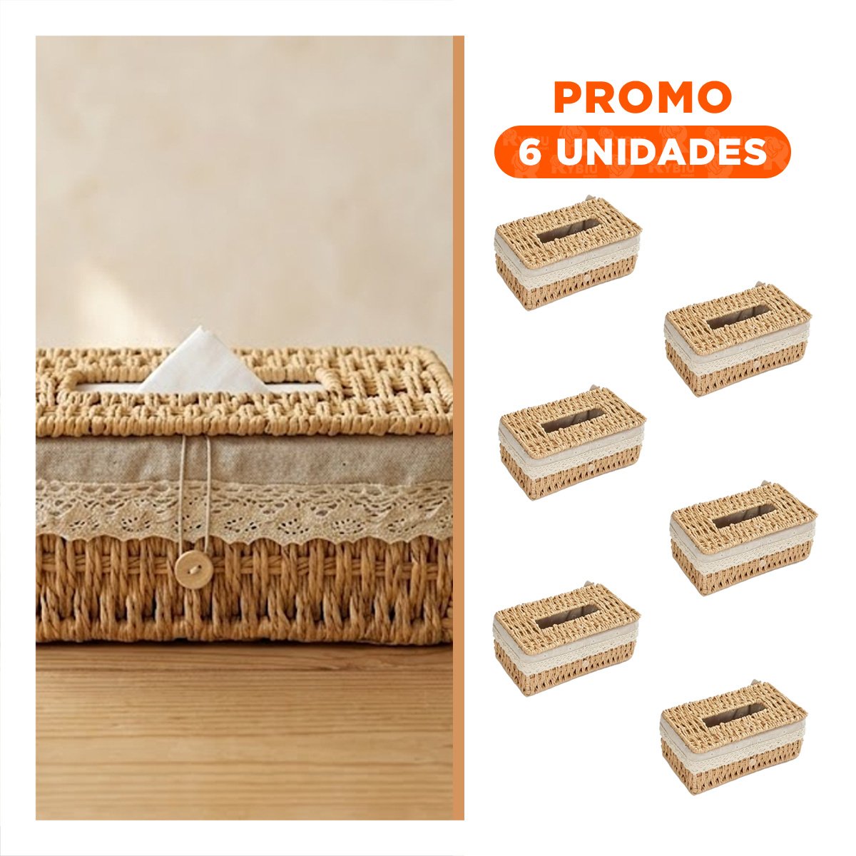 PACK6 SERVILLETERO CANASTA TEJIDA BEIGE FORRO TELA 20X14X9CM MESA Y+REGALO STICKER - 1