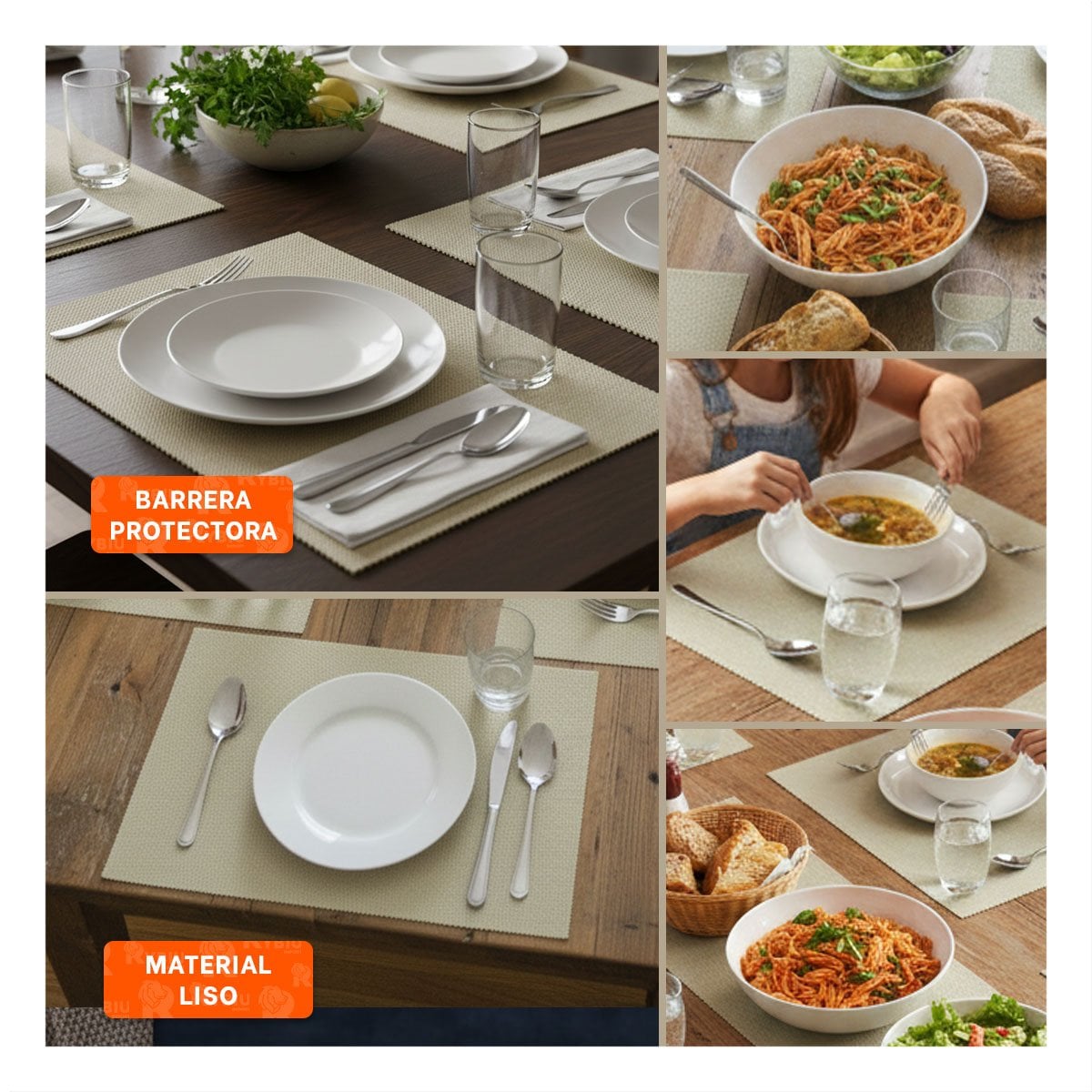 PACK12 COLECCION 6 INDIVIDUAL RECTANGULAR BEIGE LISO 30X45CM PARA COCINA - 2