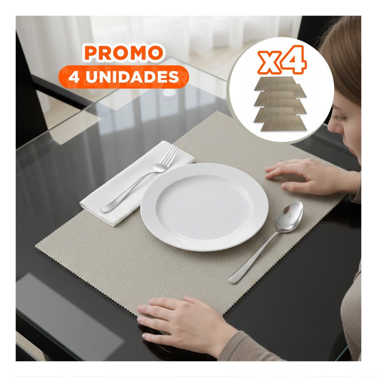 PACK4 SET 6 INDIVIDUAL RECTANGULAR BEIGE LISO 30X45CM PARA MESA Y COMEDOR Y+REGALO STICKER - 1