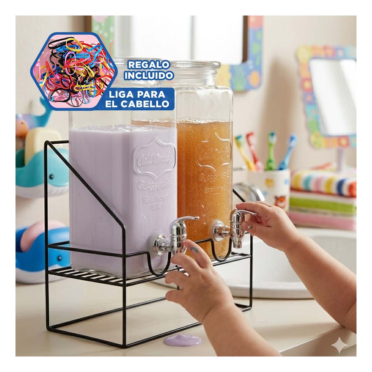 RECIPIENTE DOBLE DE BEBIDA 2,2L TRANSPARENTE CON GRIFO Y SOPORTE Y+LIGAS REGALO - 2