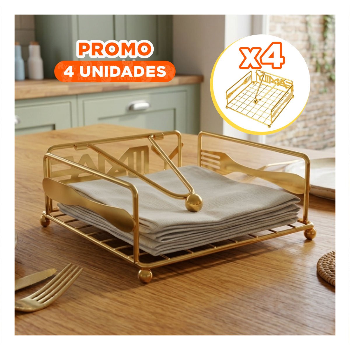 PACK4 DISPENSADOR SERVILLETAS DORADO CON BRAZO PARA USO DIARIO EN COCINA Y+PAPEL REGALO - 1