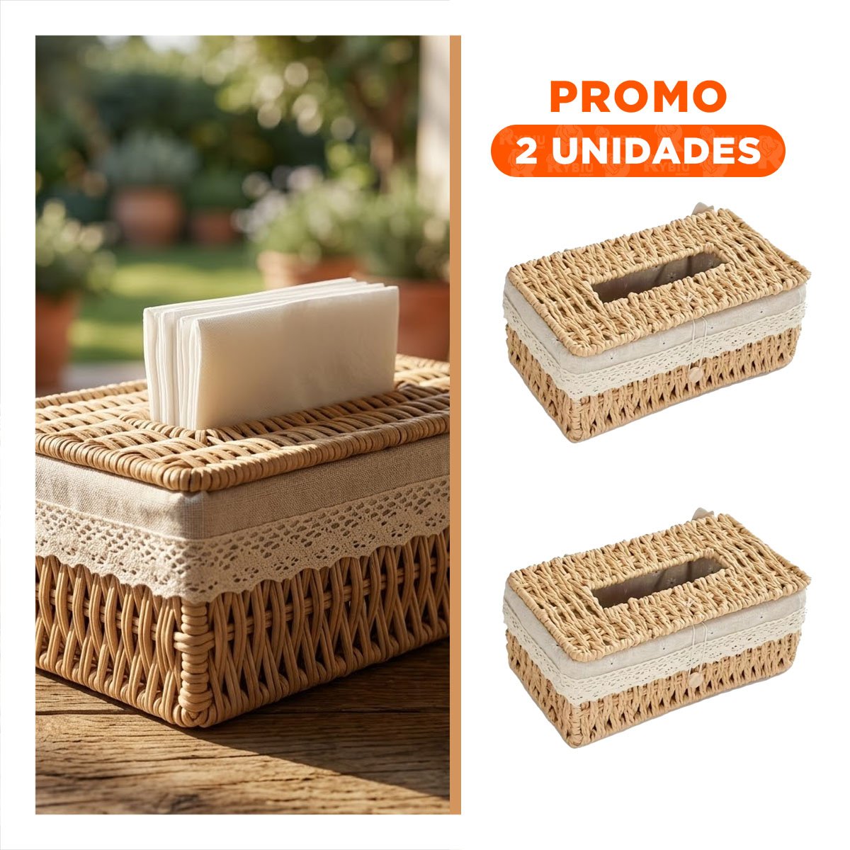 PACK2 ORGANIZADOR SERVILLETAS CANASTA BEIGE CON FORRO TELA 20X14X9CM Y+REGALO STICKER - 1