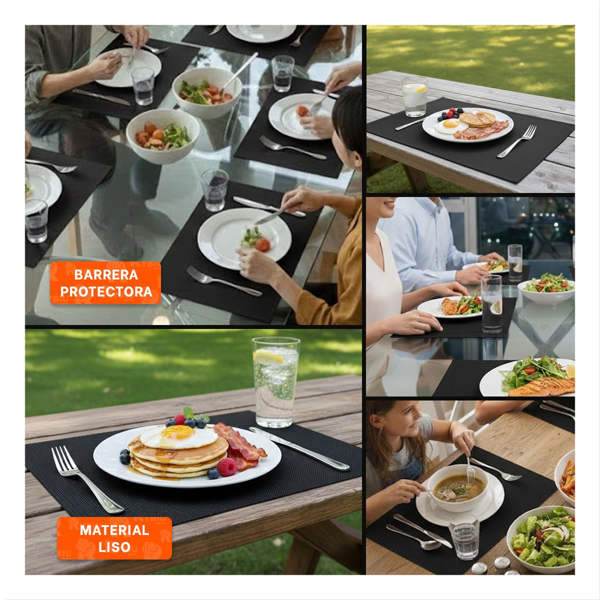 PACK 6 INDIVIDUALES RECTANGULARES LISO NEGRO 30X45CM PARA COMEDOR DIARIO Y+LIGAS REGALO - 1