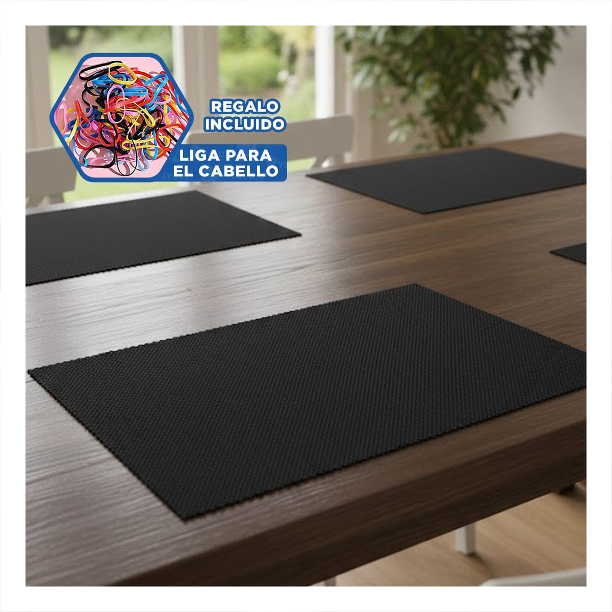 PACK 6 INDIVIDUALES RECTANGULARES LISO NEGRO 30X45CM PARA COMEDOR DIARIO Y+LIGAS REGALO - 2