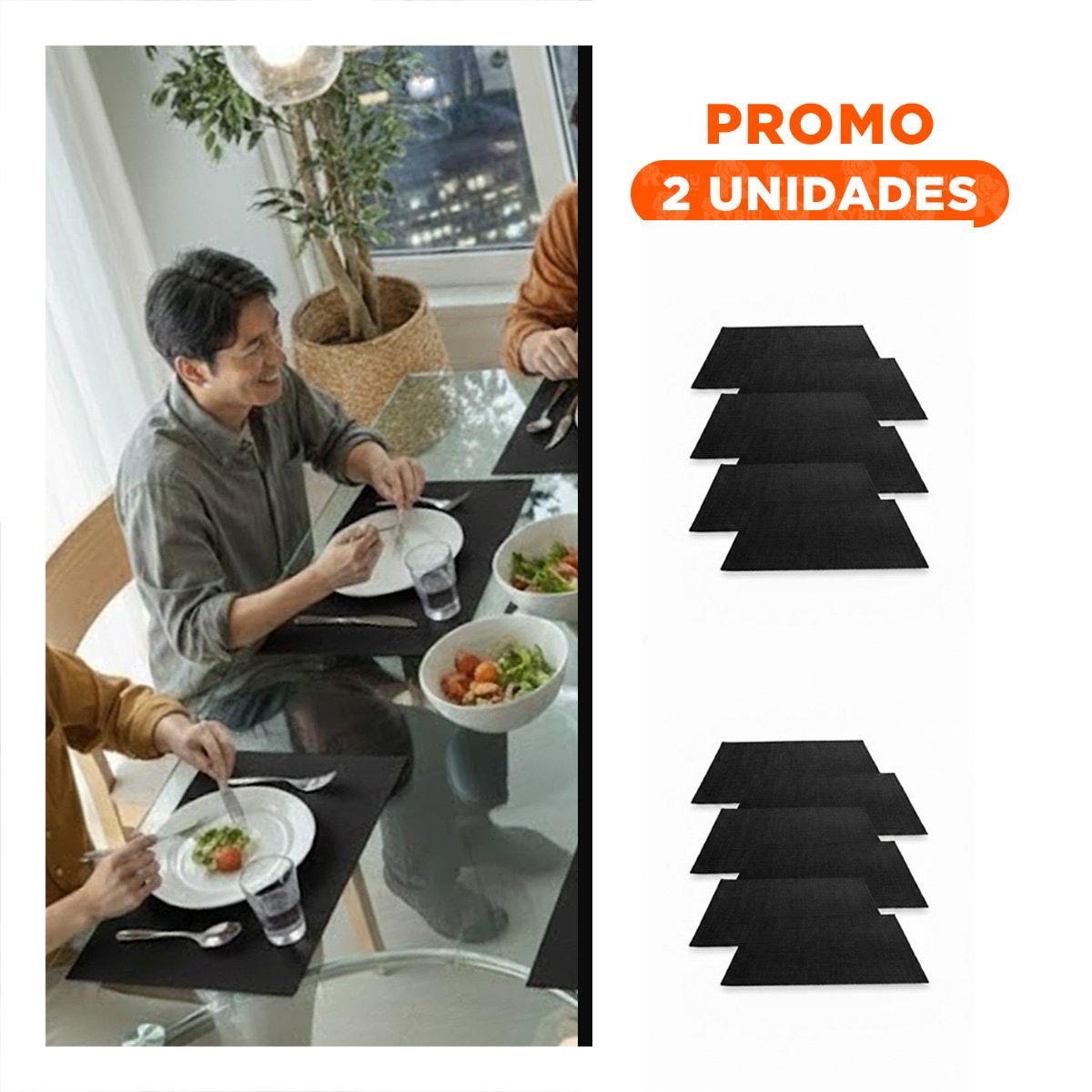 PACK2 KIT 6 INDIVIDUAL NEGRO RECTANGULAR LISO 30X45CM PARA MESA Y EVENTOS Y+REGALO STICKER - 1