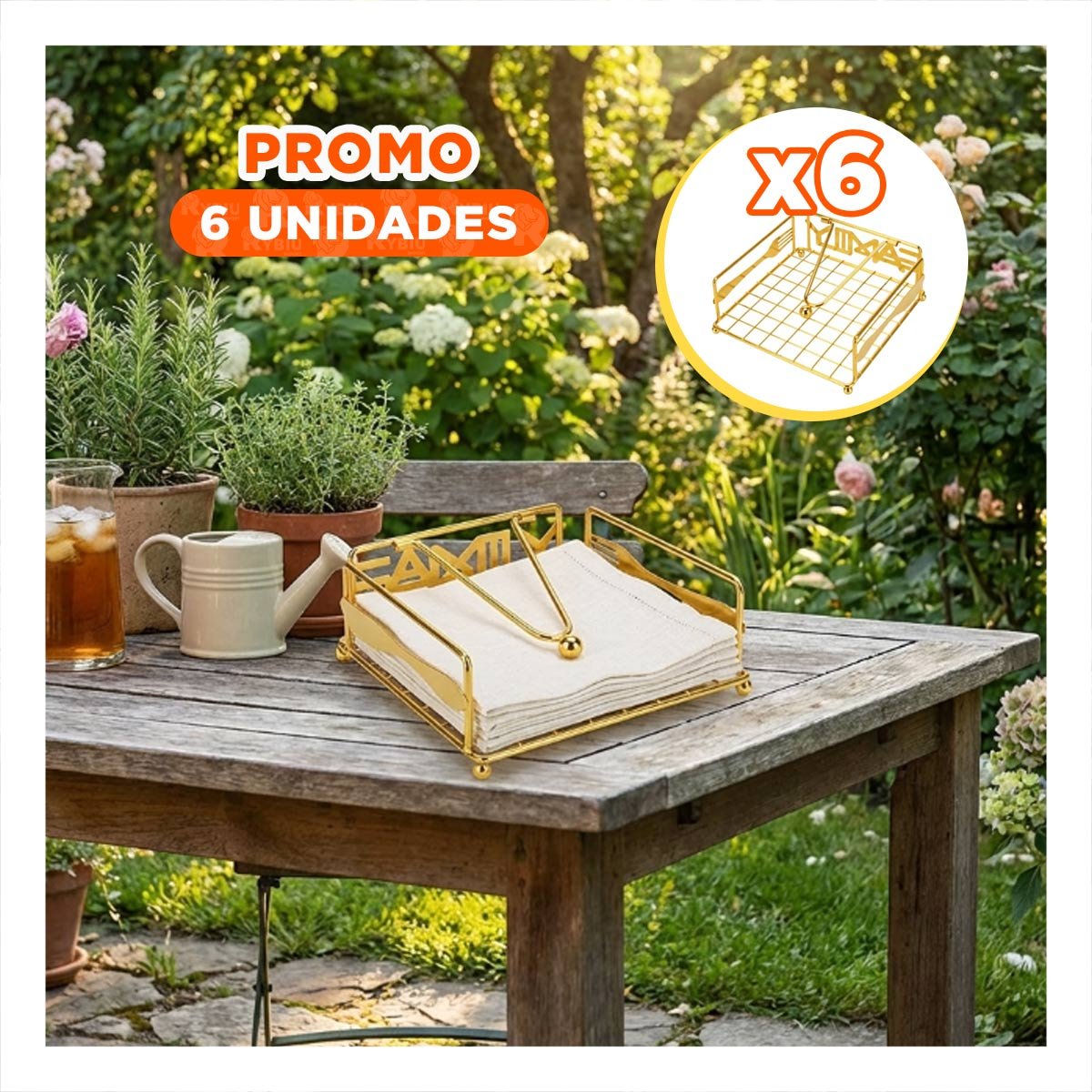 PACK6 SERVILLETERO METAL DORADO CON BRAZO DISPENSADOR PARA MESA COMEDOR Y+PAPEL REGALO - 1