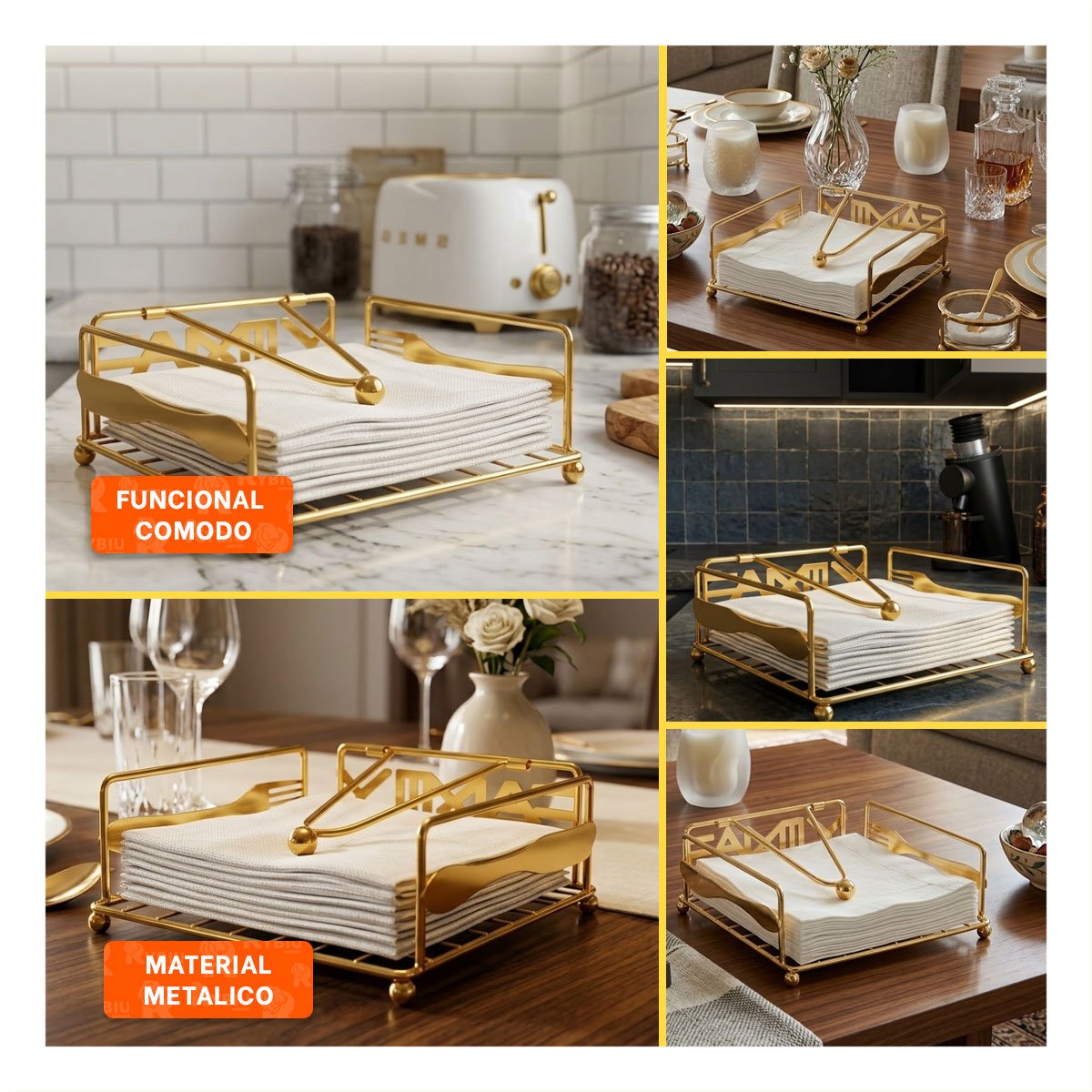 PACK6 SERVILLETERO METAL DORADO CON BRAZO DISPENSADOR PARA MESA COMEDOR Y+PAPEL REGALO - 3