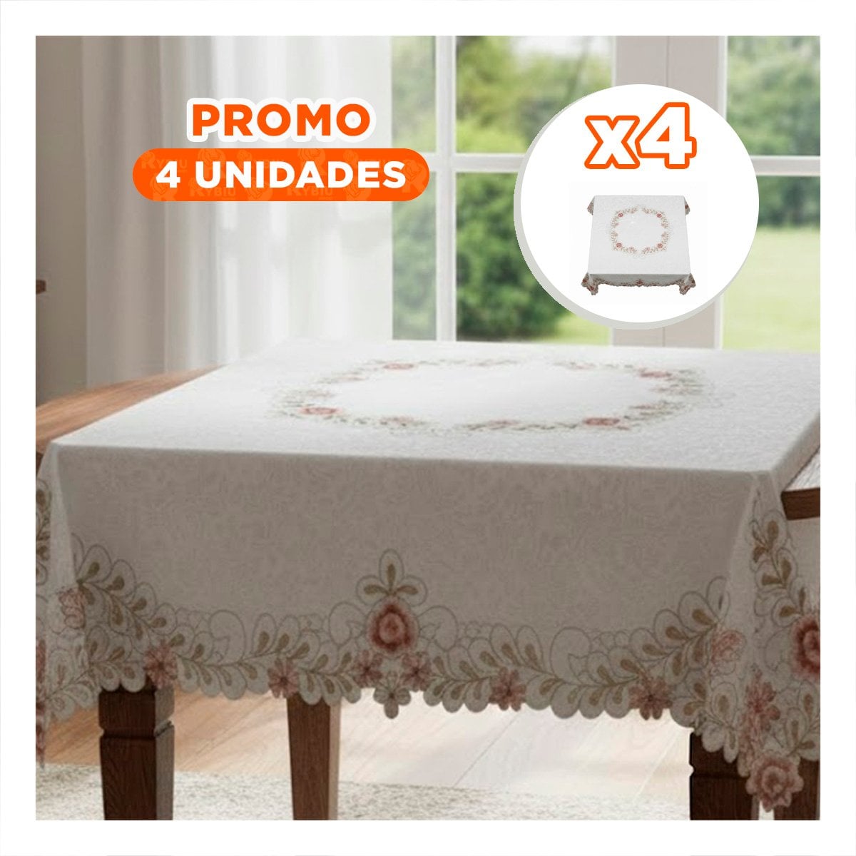 PACK4 MANTEL 350X180CM CREMA CON BORDE BORDADO FLORES Y HOJAS PARA MESA Y+REGALO STICKER - 1