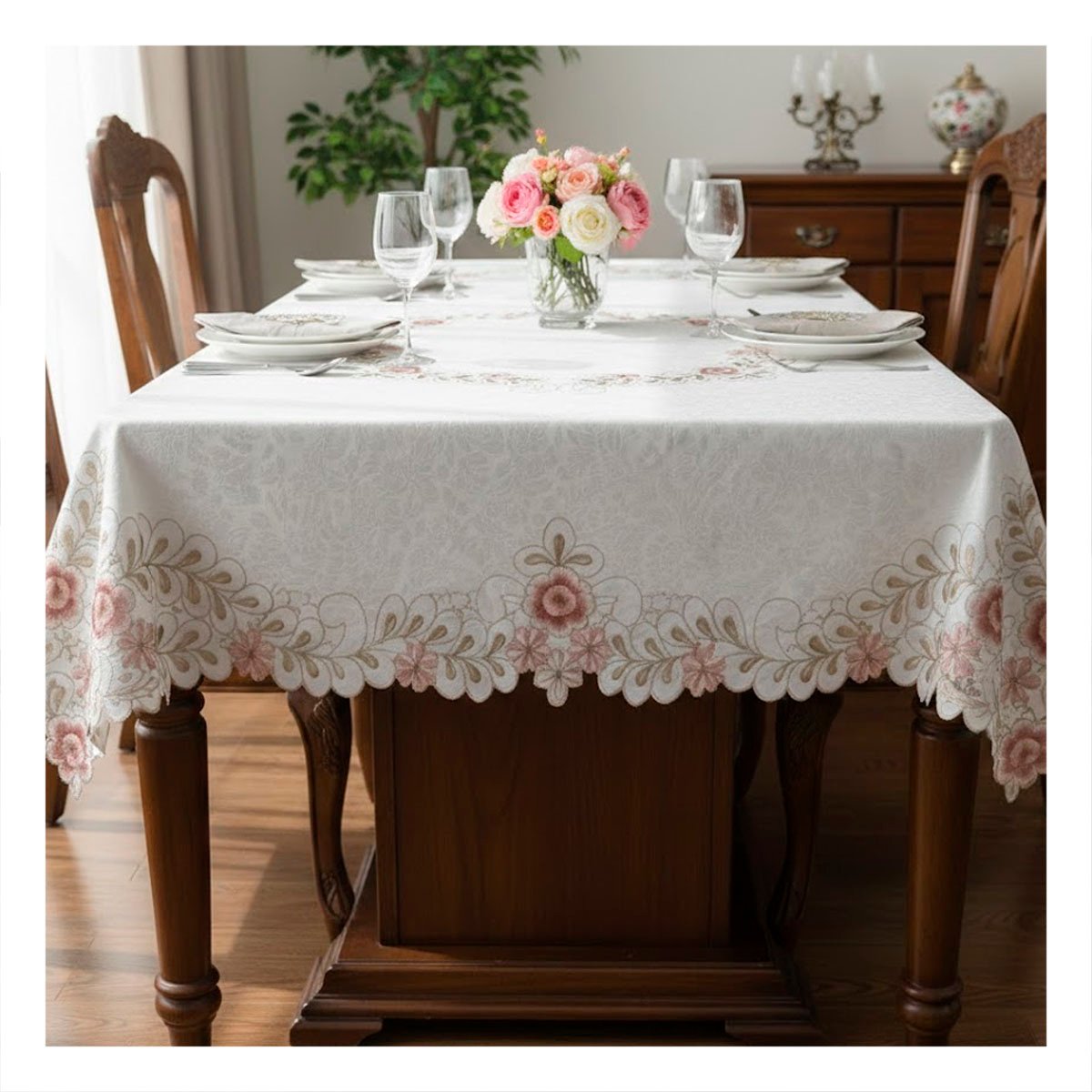 PACK4 MANTEL 350X180CM CREMA CON BORDE BORDADO FLORES Y HOJAS PARA MESA Y+REGALO STICKER - 3