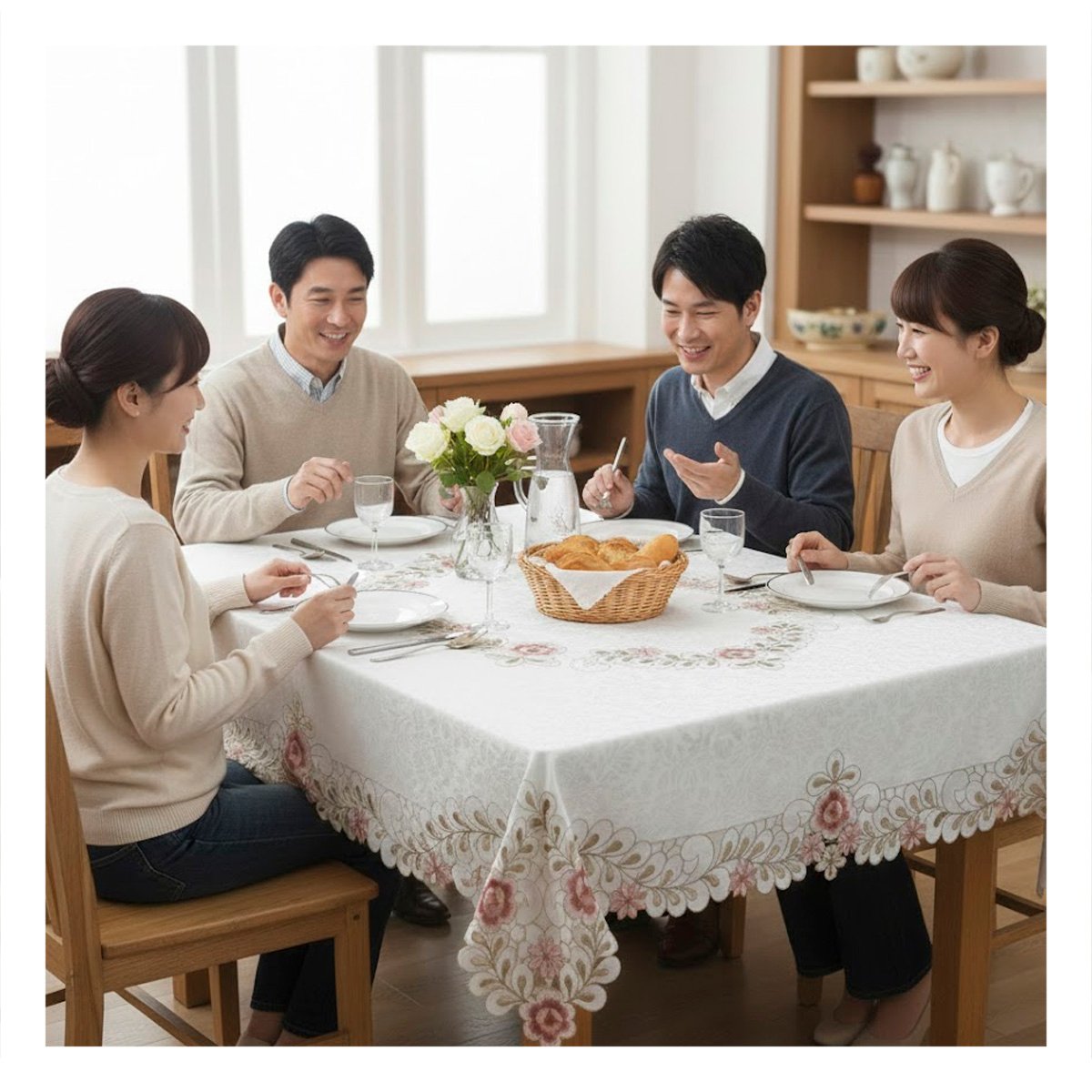 PACK4 MANTEL 350X180CM CREMA CON BORDE BORDADO FLORES Y HOJAS PARA MESA Y+REGALO STICKER - 5