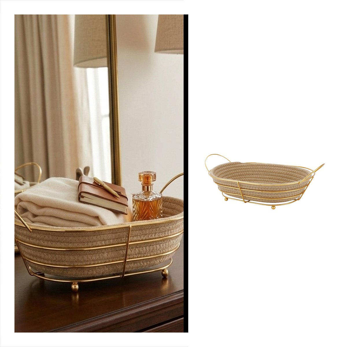 CESTA OVALADA CON MARCO DE METAL Y MIMBRE DORADO FRUTERO DE COCINA Y+PAPEL REGALO - 5