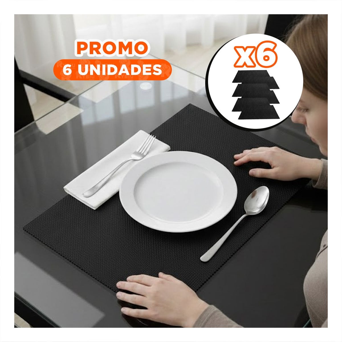 PACK6 KIT 6 INDIVIDUAL RECTANGULAR LISO 30X45CM NEGRO PARA MESA Y EVENTOS Y+PAPEL REGALO - 1