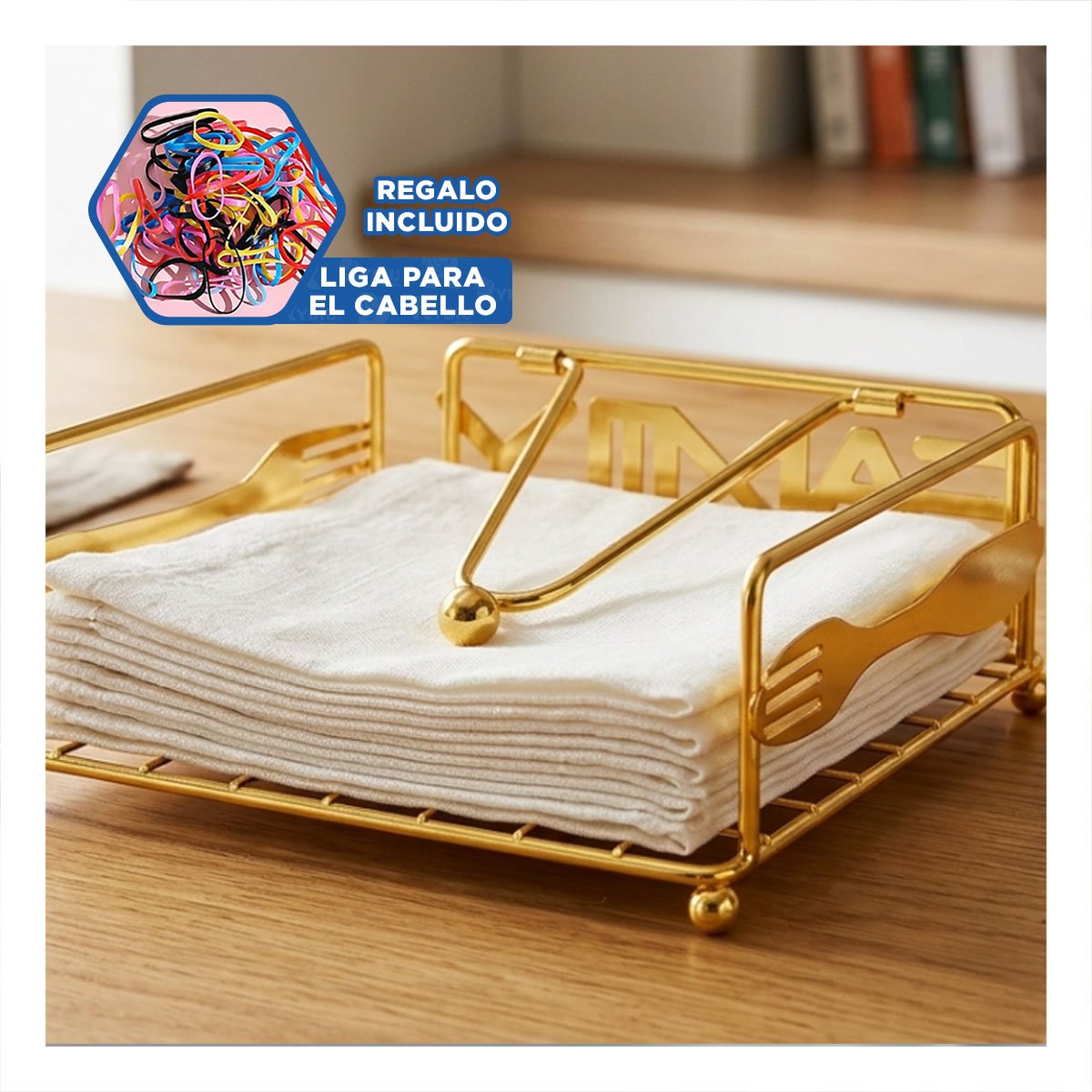 SOPORTE PARA SERVILLETAS CON BRAZO DISPENSADOR DORADO PARA MESA COMEDOR Y+LIGAS REGALO - 2