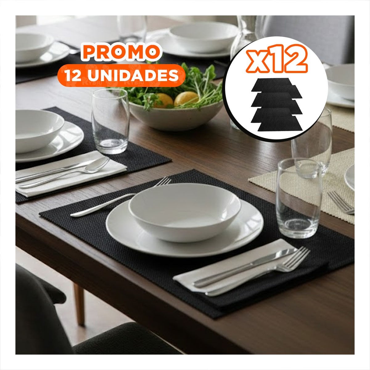 PACK12 SET 6 INDIVIDUAL RECTANGULAR 30X45CM LISO NEGRO PARA MESA Y COMEDOR Y+PAPEL REGALO - 1