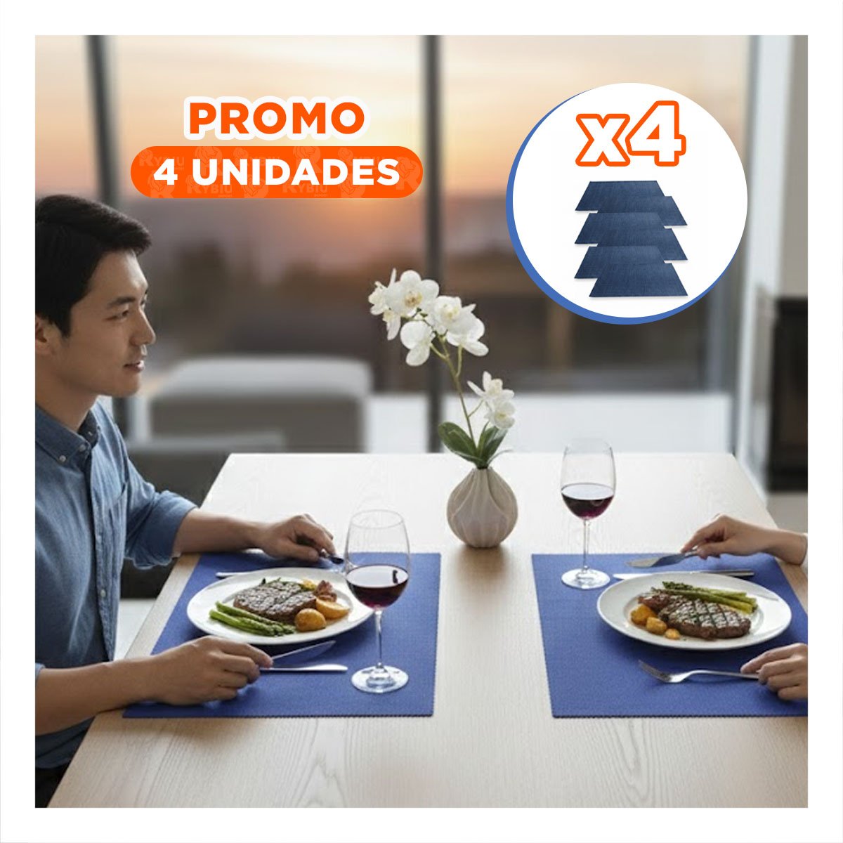PACK4 COLECCION 6 INDIVIDUAL RECTANGULAR LISO AZUL 30X45CM PARA COCINA Y+PAPEL REGALO - 1