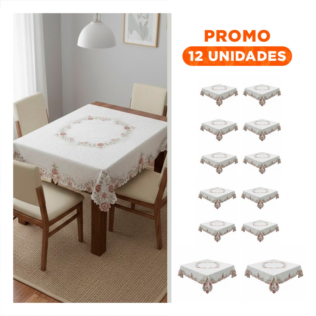 PACK12 PROTECTOR DE MESA 350X180CM CREMA CON BORDE BORDADO FLORES Y HOJAS PARA COCINA - 1