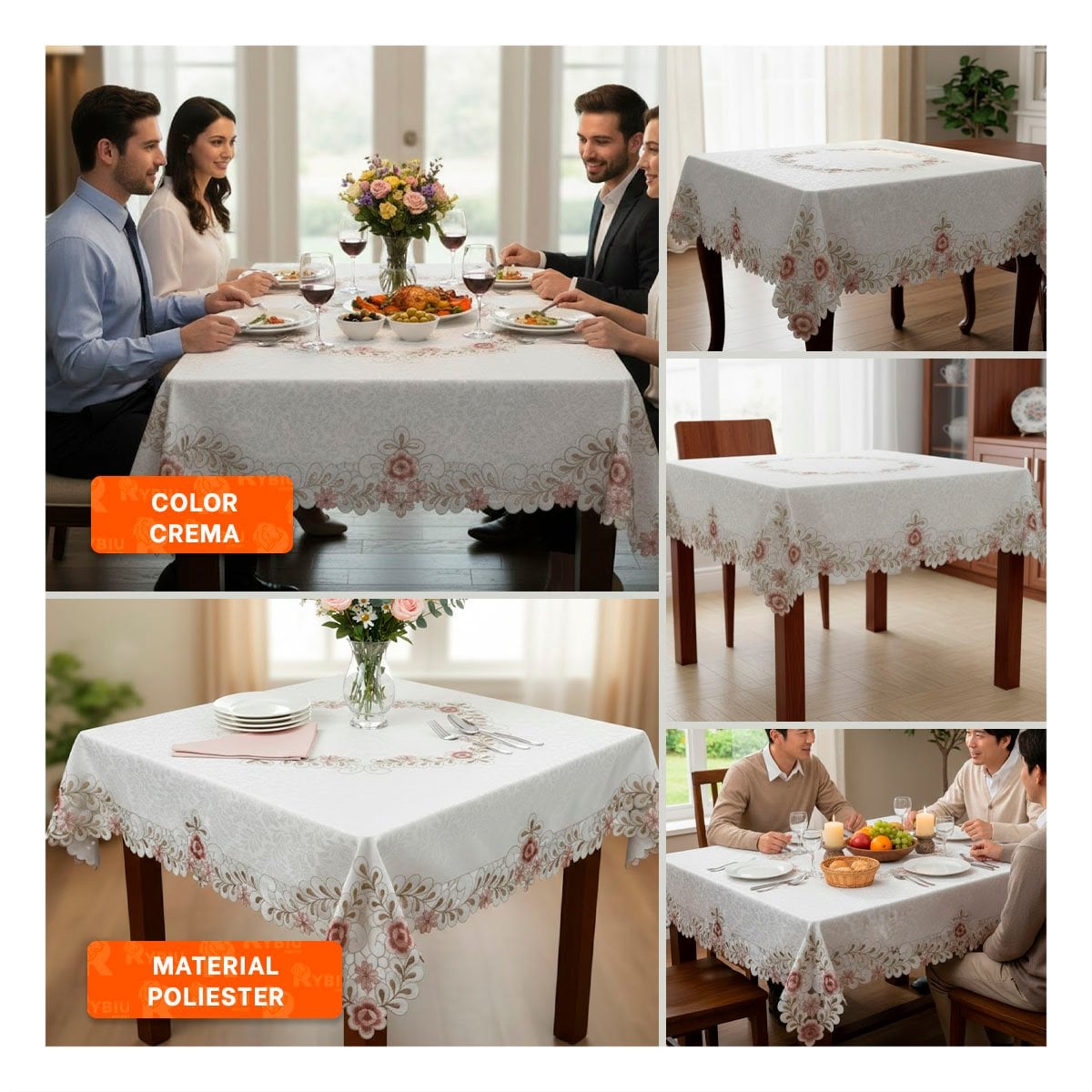 PACK12 PROTECTOR DE MESA 350X180CM CREMA CON BORDE BORDADO FLORES Y HOJAS PARA COCINA - 2